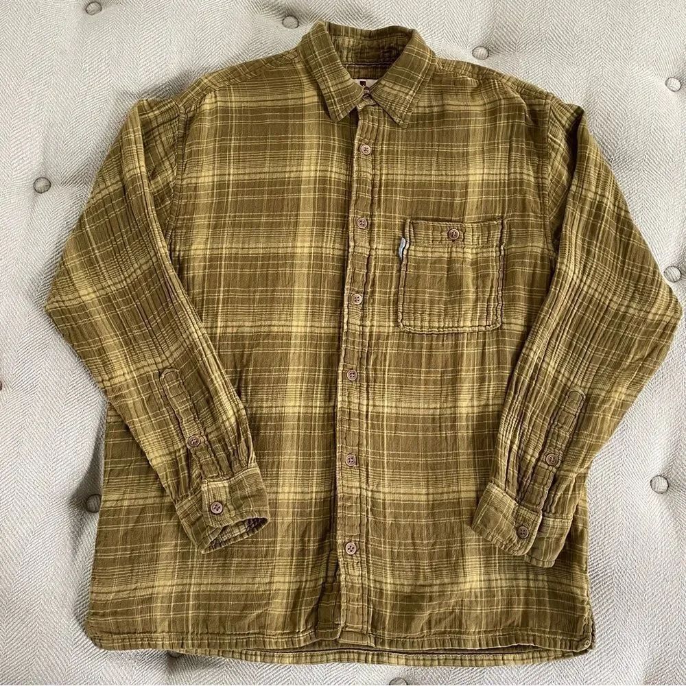 Woolrich Yellow Green Plaid Button Shirt Gauzey Cotton M